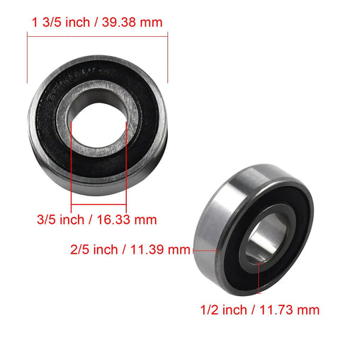 Close-up of Six Piece Set Of Heavy Duty 6203 2Rs Spindle Bearings For Lawn Mowers, dimensions labeled, fits various mowers.
