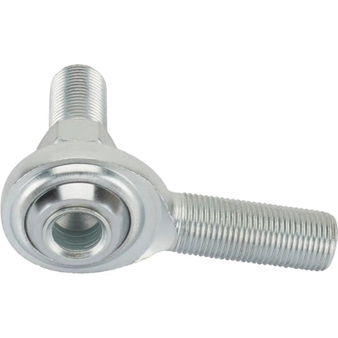 5/8 Inch Steel RH Male Heim Rod End Joint Featuring Teflon Lined Hex Stud, angle view showing threaded ends for linkage assembly.