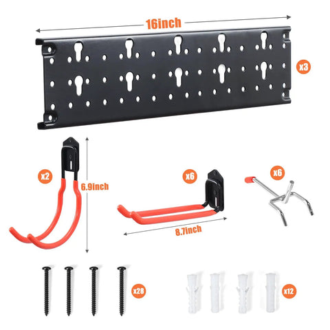 Heavy Duty Multi Storage Garage Hooks Wall Mounted Garden Tool Organizer Featuring Rock Solid Rails for bikes and tools components set.