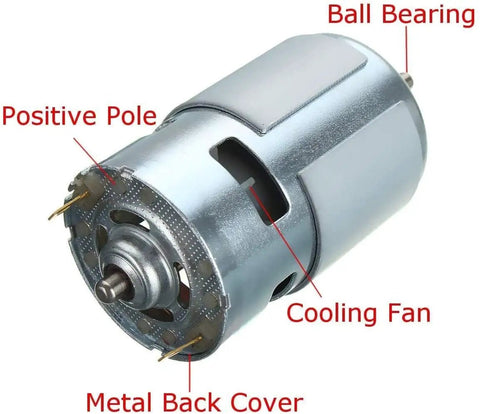 775 Dc Motor 24 Volt 20000 Rpm Ball Bearing Powerhouse showing metal back cover and cooling fan, ideal for robotics and DIY projects.