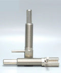 Top Shelf Stainless Steel Indexing Plunger Lever Lock Locating Pin M10 Metric Thread spring loaded safety pin close-up view.