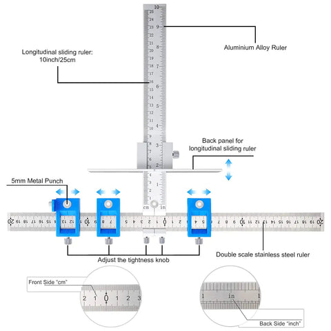 Metal Cabinet Handle Jig With Automatic Center Punch Jitter Free Drilling Guide with stainless double scale rulers and adjustment knobs