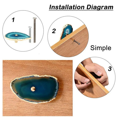 Installation diagram of Super Chic Agate Stone Cabinet Knobs With Gold Plated Edges for easy screw-in installation.