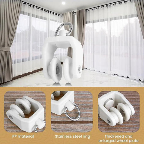 Fifty Piece Heavy Duty Ceiling Curtain Track Rollers With Flexible Bendable Clips and Rock Solid Construction for No Fuss Sliding in Modern Home Spaces, PP material, smooth white rollers.