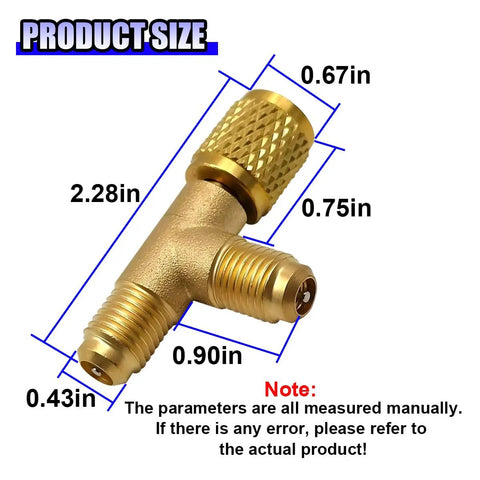 Brass 1/4 Inch SAE AC Valve Core Tee Adapter dimensions for HVAC, showing pro grade quick coupler access tee fits R22 R12 R134a