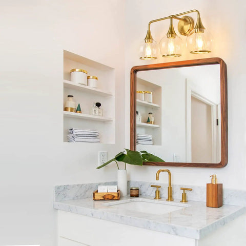 Gold Three Light Vanity Light Over Mirror With Clear Glass Shades, 22.4 Inch Wall Sconce Bath Fixture