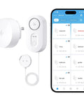 Upgraded Smart Water Leak Detector 1S with 4.92 ft sensor cable and phone app interface showing multiple room alerts.