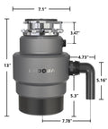 Three Quarter Horsepower Continuous Feed Garbage Disposal With Whisper Quiet Operation dimensions shown