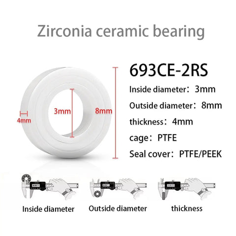 Top Shelf Zirconia Ceramic Bearings 3X8X4MM Double Sealed Deep Groove Balls shown with dimensions for precision use.