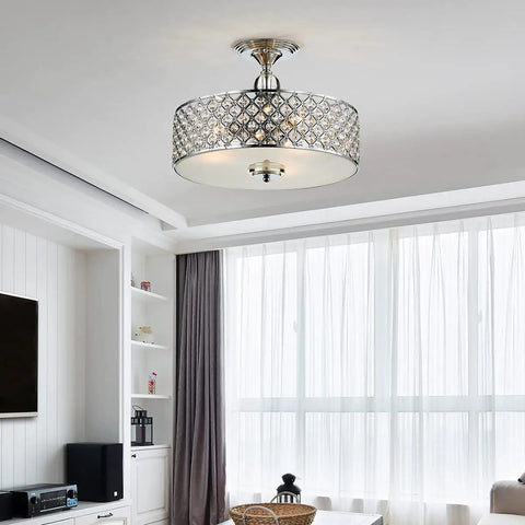 Dope 3 Light K9 Crystal Flush Mount Ceiling Chandelier In Chrome Finish installed in a modern living room setting