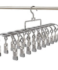 Heavy Duty Stainless Steel Vertical Closet Hanger For Pants And Leggings Space Saving Multi Tier Wardrobe Organization Rack with gray clips.