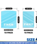 Rock Solid Clear Replacement Welding Helmet Lenses Featuring Heavy Duty Polycarbonate Build With Tough As Nails Clarity For Daily Trade Jobs Complete Twenty Piece Replacement Kit dimensions image showing two lens sizes, 4.74x5.67 and 2.48x4.13 inches.