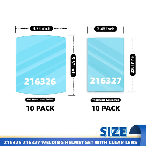 Rock Solid Clear Replacement Welding Helmet Lenses Featuring Heavy Duty Polycarbonate Build With Tough As Nails Clarity For Daily Trade Jobs Complete Twenty Piece Replacement Kit dimensions image showing two lens sizes, 4.74x5.67 and 2.48x4.13 inches.
