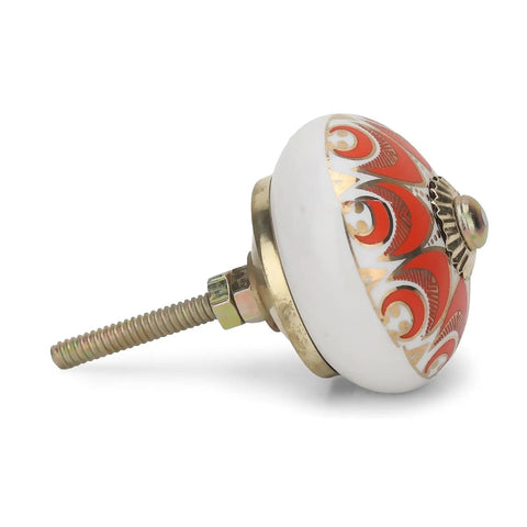 Top Shelf Handmade Ceramic Cabinet Knobs With Red Gold Flair For Kitchen Drawers And Dressers Boho Furniture Handles Rustic Vibe Go To Choice Pack Of Six - round white and red knob with gold accents.