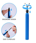 Front view of blue deburring tool with ergonomic hexagonal handle and replaceable blade