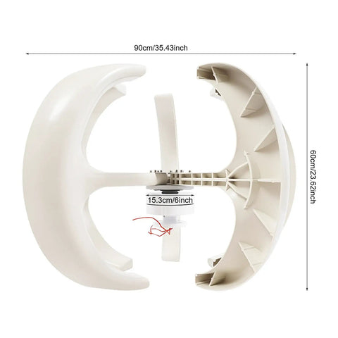 Five Blade Lantern Style Vertical Wind Turbine Generator 600W 12V side view dimensions nylon fiber construction