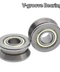 Heavy Duty Deep Groove Ball Bearings With V Groove Rail Roller Design, LV20/8 ZZ Dual Sealed Construction, 8mm Bore By 30mm Outside Diameter And 14mm Width close-up view of two V-groove bearings.