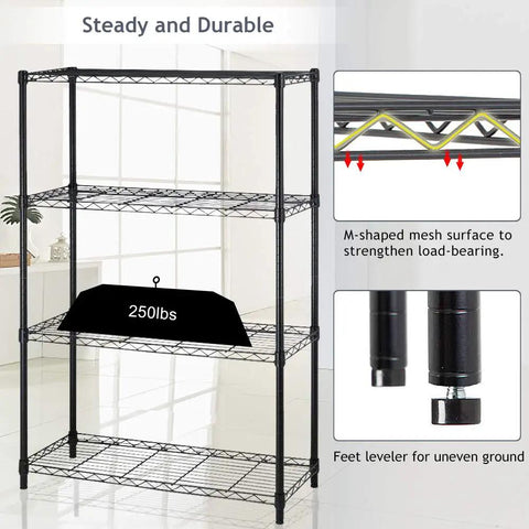 Adjustable Heavy Duty Wire Shelving With Four Solid Levels, Sweet Garage Storage Room Game Changer, No Sweat Snap Together Build, Supports Two Hundred Fifty Pounds Per Tier, Thirty Six By Fourteen By Fifty Four Black Finish showcasing M-shaped mesh surface and levelers.