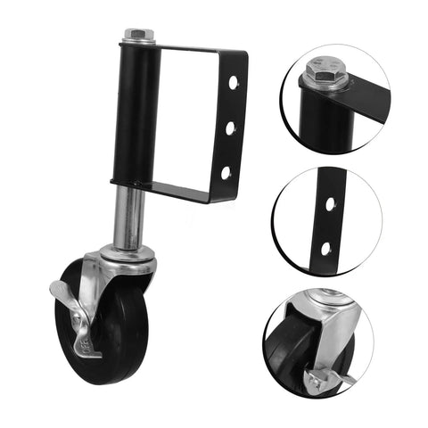 Heavy Duty Spring Loaded Gate Caster Wheels With Kickass Shock Absorbing Design And Height Adjustable Track For Super Slick Low Noise Outdoor Fence Rolling Setup close-up of the black wheel and steel mount