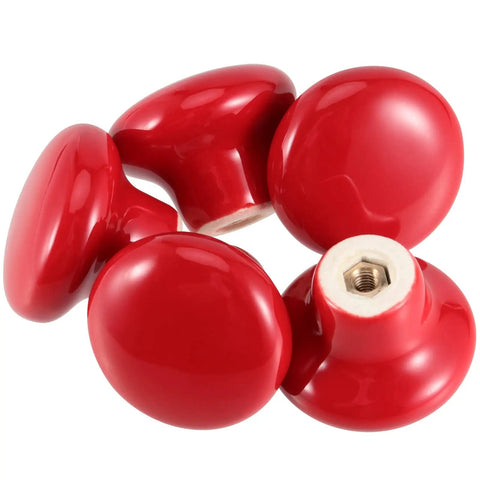 Killer Red Ceramic Cabinet Knobs 35 Pack Mushroom Button single hole pulls glossy smooth surface for kitchen cupboard and dresser.