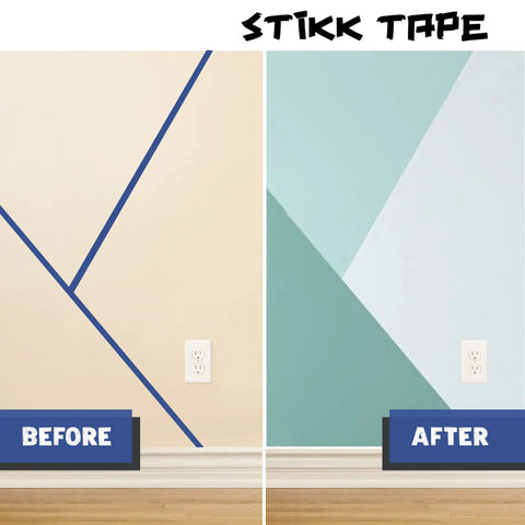 Before and after using Blue Painters Tape 2 Inch Wide 60 Yards Per Roll 24 Roll Case Residue Free Easy Release Medium Tack For Sharp Clean Edges Trim Ceilings And DIY Painting Projects No Bleed on a wall.
