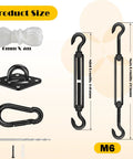 Tough As Nails 304 Stainless Shade Sail Hardware Kit 6 Inch Matte Black with turnbuckles, carabiner, and rope for outdoor use.