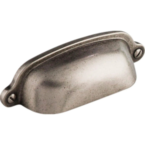 Traditional Antique Pewter Dakota Cup Pull For Kitchen Cabinets, 2 9/16 inch spread, solid feel, matte finish, durable design.
