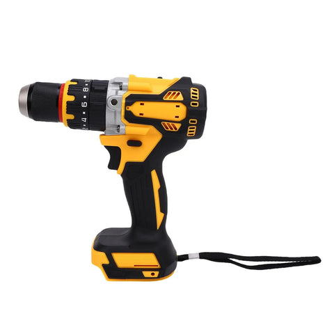 Rock Solid Cordless Drill Featuring A Brushless Motor Flat Out Fast At 2000 Rpm With Knockout Torque For Heavy Duty Handyman Work And Home Repairs Without Giving Up Steam Halfway Through The Job, side view of yellow drill.