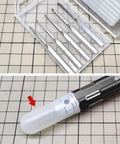 Top Shelf Tungsten Steel Scriber Blades In Five Precision Sizes with clear plastic cap for secure grip and storage.