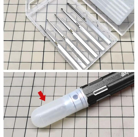 Top Shelf Tungsten Steel Scriber Blades In Five Precision Sizes with clear plastic cap for secure grip and storage.