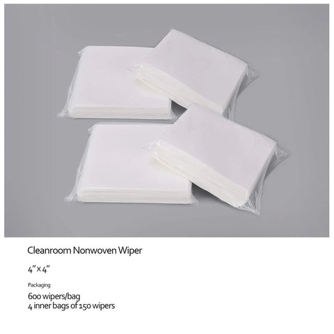 Cleanroom nonwoven wipes, 4x4 inches, front view with three packs in clear plastic wrap