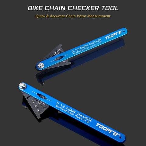 Blue alloy steel Bike Chain Checker Tool for all chains including Shimano SRAM KMC Campagnolo, fast chain wear indicator shown.