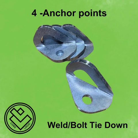 Heavy Duty Tie Down Anchors Set Of Four for weld or bolt installation, featuring steel construction with a 3/8in hole, shown on a green background.
