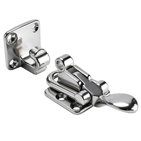 Bad To The Bone Heavy Duty Marine Grade 316 Stainless Steel Anti Rattle Lockable Hatch Latch with hold down clamp, showcasing shiny metal finish.