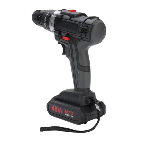 Rock Solid Cordless Drill Driver with 21 Volt Battery and Dual Gear Transmission side view, showcasing 48VF lithium battery.