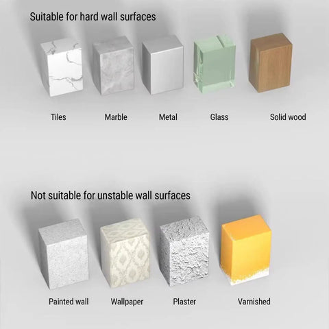 Visual guide showing wall surface suitability for hooks: tiles, marble, metal, glass, wood, vs painted wall, wallpaper, plaster, varnished.