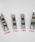 Heavy Duty Sliding Door Rollers Featuring Buttery Smooth Double Wheels Replace Stubborn Pulleys No Hassle Zinc Alloy Track Hardware Killer Performance 4 Pc Set displayed with different sizes.