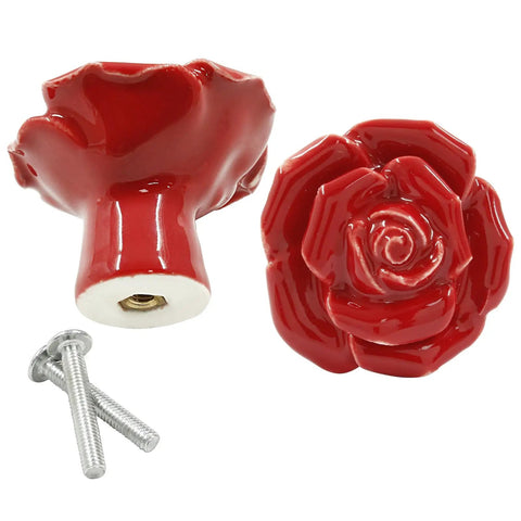 Top Shelf Red Rose Ceramic Drawer Pulls and Dope Floral Cabinet Hardware Knobs with Smooth High Temperature Glaze for Kitchen Refresh and Modern Room Makeover Two Piece Set, red rose design, two knobs with mounting screws.