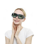 Female model wearing Built Tough Laser Safety Glasses with OD4 Plus optical density for laser eye protection.
