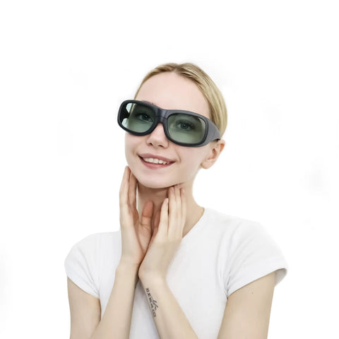 Female model wearing Built Tough Laser Safety Glasses with OD4 Plus optical density for laser eye protection.