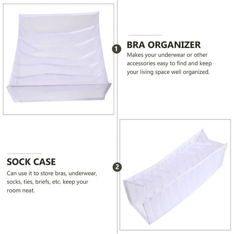 Three Piece Foldable Closet Organizer Bins With Adjustable Drawer Dividers For Socks Undies And Lingerie space saving fabric storage cubes in white.