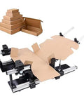 Airplane Box Folding Machine And Adjustable Carton Pleater used for precise cardboard folding with stacked boxes in background.