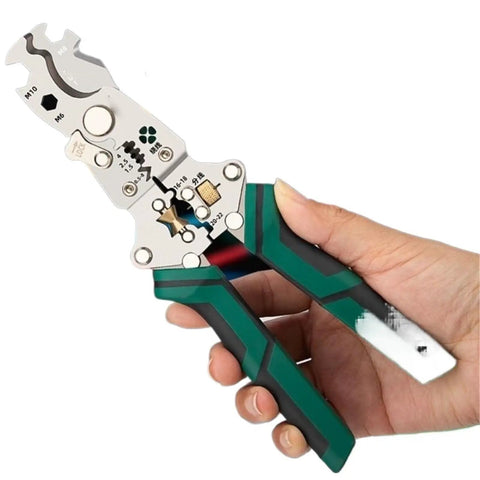 Portable Folding Wire Stripper With Smooth Action Levers For All Wire Types Hassle Free Electrician Grade Tool, held in hand.