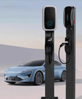Heavy Duty Galvanized Steel Ev Charger Cover And Holder Beefs Up Your Setup While Keeping Gear Dry Weather Wicked Outdoor Box With Secure Mounting Base For Garages Or Parking Lots near a blue electric vehicle.