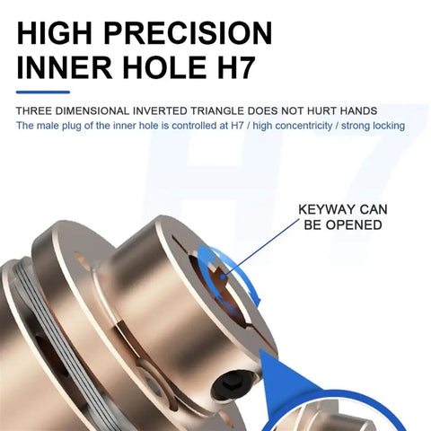 Super Flexible Motor Shaft Coupling For 3D Printer With Aluminium Diaphragms And Universal Joint Design In LE Style D26L26/35, showing high precision inner hole H7.