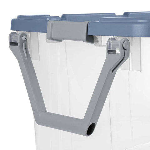 Close-up of easy grip handle on clear heavy duty plastic container from Pair Of Two 160 Quart Wheeled Stackable Storage Totes.