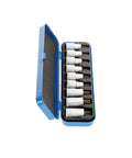Heavy-Duty Half Inch Drive Screwdriver Bit Socket Set, 9-Piece With Torx T20 Through T60, displayed in a blue case