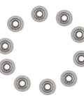 Built Tough Mini Ball Bearings Featuring A Slick U Groove Design And Heavy Gauge Carbon Steel For Silky Smooth Rail Track Glide And Rock Solid 4X13X7MM Performance In A 10 Pack Pro Hardware Kit arranged in a circle.