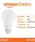 A19 Led Light Bulbs 9W, 60W Equivalent, E26 Base, Daylight White 5000K, Dimmable, Energy Efficient, 10,000 Hour Lifespan, 6 Pack