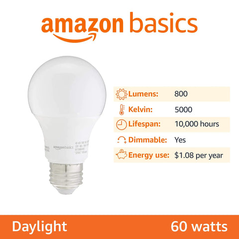 A19 Led Light Bulbs 9W, 60W Equivalent, E26 Base, Daylight White 5000K, Dimmable, Energy Efficient, 10,000 Hour Lifespan, 6 Pack